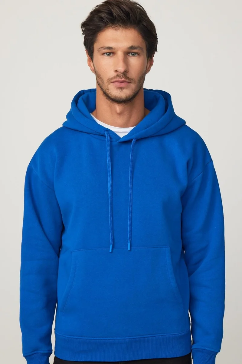 تودورس Oversize Cotton Hooded Basic Unisex Saks Blue Sweatshirt