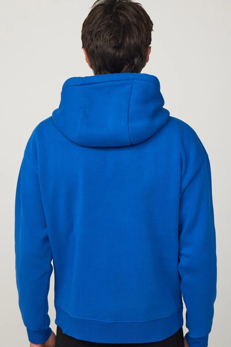 تودورس Oversize Cotton Hooded Basic Unisex Saks Blue Sweatshirt
