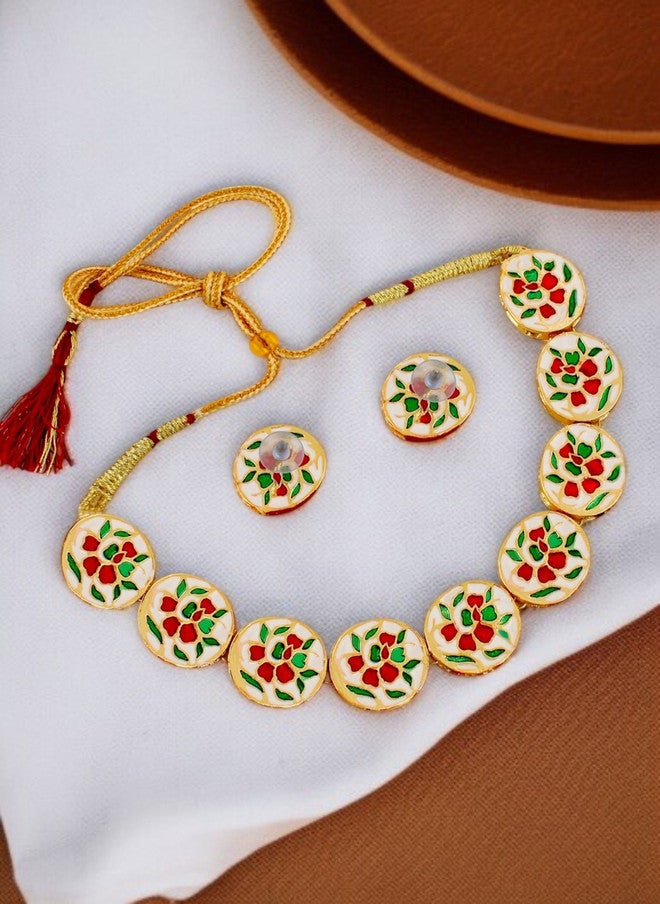 LUCKY JEWELLERY 18K Gold Plated Meenakari Kundan Studded Necklace and Earrings - Image 1