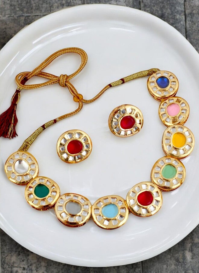 LUCKY JEWELLERY 18K Gold Plated Meenakari Kundan Studded Necklace and Earrings - Image 2