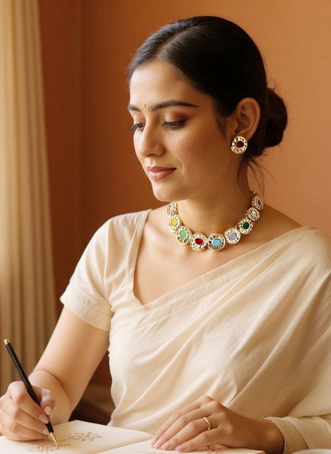 LUCKY JEWELLERY 18K Gold Plated Meenakari Kundan Studded Necklace and Earrings - Image 5