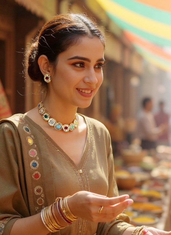 LUCKY JEWELLERY 18K Gold Plated Meenakari Kundan Studded Necklace and Earrings - Image 4