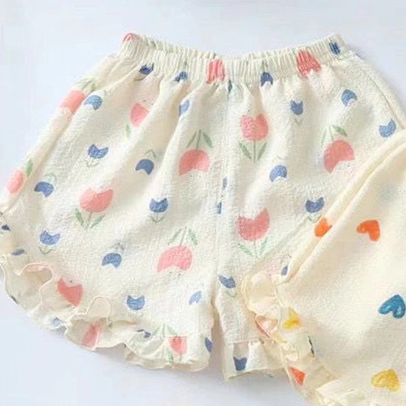 شورت صيفي أنيق ومتعدد الاستخدامات للفتيات الصغيرات - ملابس خارجية بحافة دانتيل رفيعة - شورت بناتي برسوم كرتونية