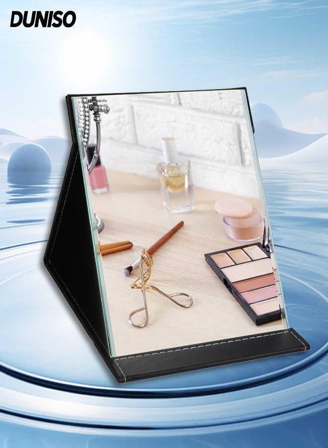 DUNISO Foldable Makeup Mirror,Portable PU Leather Mirror,  Tabletop Mirror with Adjustable Height for Vanity Table, Office, Home ,Travel (Black) - Image 1