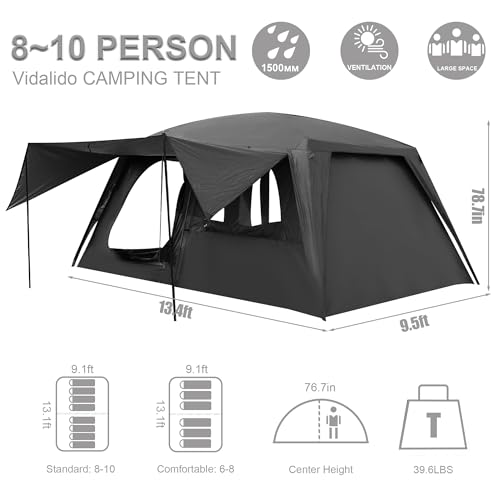 Vidalido 8-10 Person Camping Tent with 3 Door 2 Room Large Family Cabin Tents, Double Layer Waterproof Portable Glamping Tent, Big Tents for Outdoor Picnic Camping Hiking and Family Gathering - Image 5
