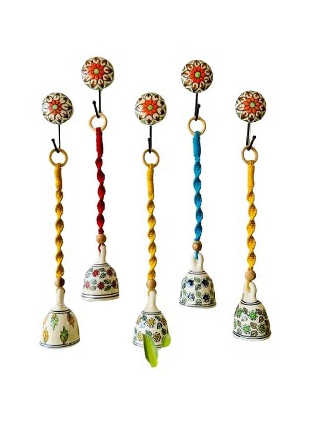 Shopping Shots Ceramic Hand-Painted Macrame Bell Bohemian- Flowers Printed Pack of 5 Large Size Ringing Bells (Size 5inch) with Ceramic Hooks - Image 1