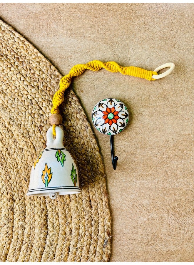 Shopping Shots Ceramic Hand-Painted Macrame Bell Bohemian- Flowers Printed Pack of 5 Large Size Ringing Bells (Size 5inch) with Ceramic Hooks - Image 5