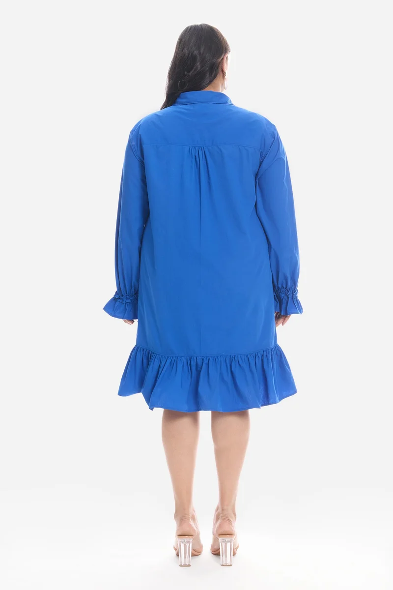Virgio Blue Solid Cotton Mini Shirt Plus Size Dress With Ruffle for Women for Women | Best Price UAE