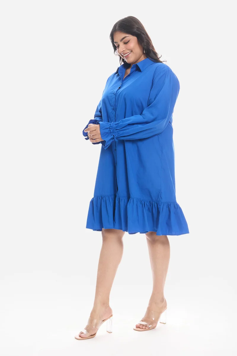 Virgio Blue Solid Cotton Mini Shirt Plus Size Dress With Ruffle for Women for Women | Best Price UAE