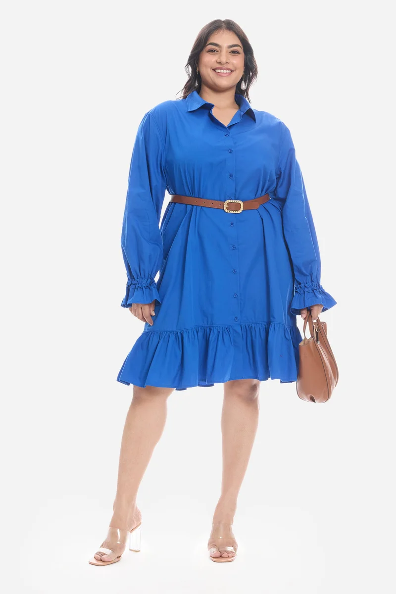 فيرجيو Solid Cotton Mini Shirt Plus Size Dress With Ruffle for Women