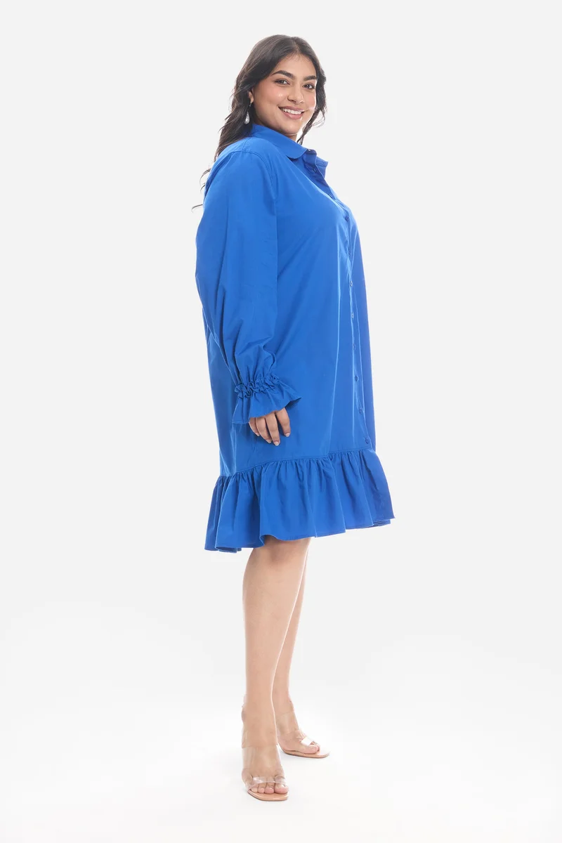 Virgio Blue Solid Cotton Mini Shirt Plus Size Dress With Ruffle for Women for Women | Best Price UAE