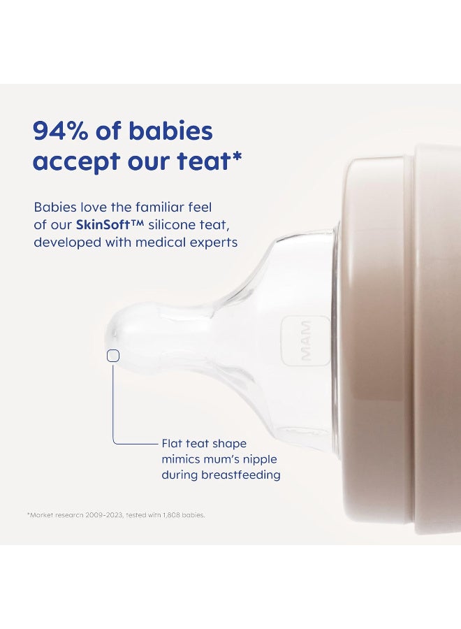 مام زجاجة اطفال ذاتية التعقيم مضادة للمغص من ايزي ستارت 3 عبوات (3 × 160 مل) مع حلمة مام بطيئة التدفق مقاس 1، مستلزمات حديثي الولادة، بيج (قد تختلف التصاميم) - Image 2