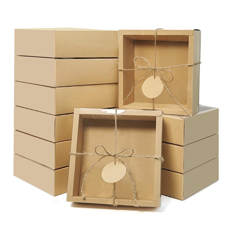 biguphate 30 Sets Kraft Paper Cardboard Boxes  6.5X 6.5X 2 Inches Gift Boxes With Clear Window  Homemade Soap Box With Blank Tags Jute String And Raffia  Small Gift Boxes For Jewelry  Candy  Wrapping Party Favor - Image 1