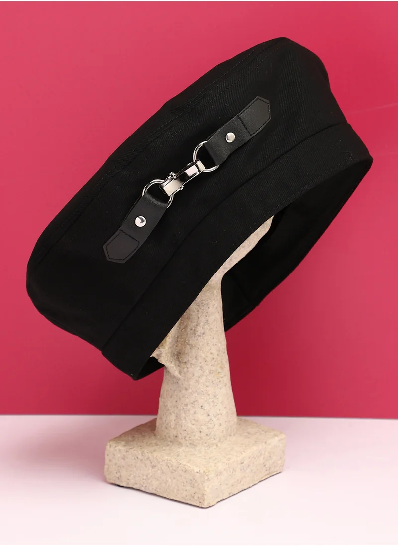 Haute Sauce Black Solid Beret Hat With Chain Detail