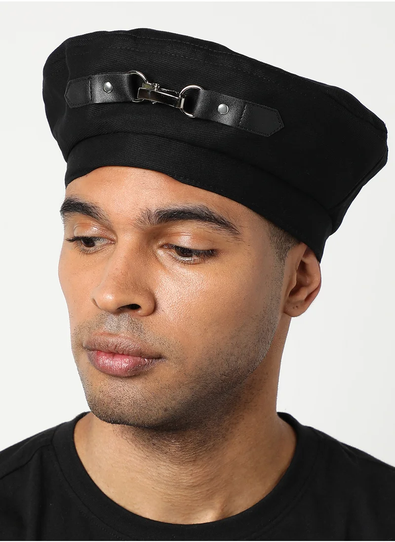 Haute Sauce Black Solid Beret Hat With Chain Detail