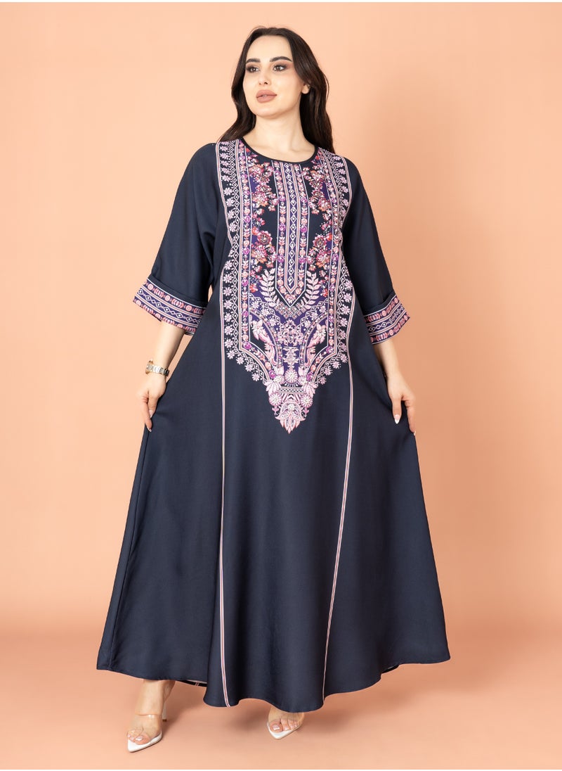 اكسا جلابية سادة منقوشة ازرق  - Image 1