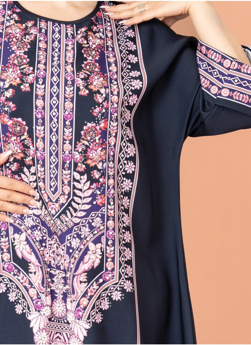 اكسا جلابية سادة منقوشة ازرق  - Image 2