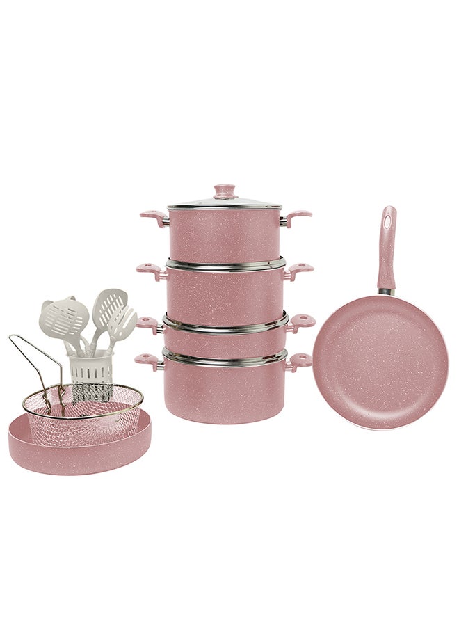 Napoli - 18 Pieces Turkish Granite Cookware Set with Pyrex Lid - Pink - Image 1
