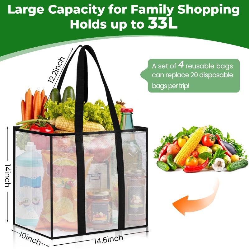 SmartTrends 4 Pack Reusable Grocery Bags, Heavy-Duty Shopping Bags with Sturdy Handles, Water-Resistant & Foldable Organizer, Shopping Bags for Groceries, Market, Car Trunk, Multi-Purpose, 33L - Image 3