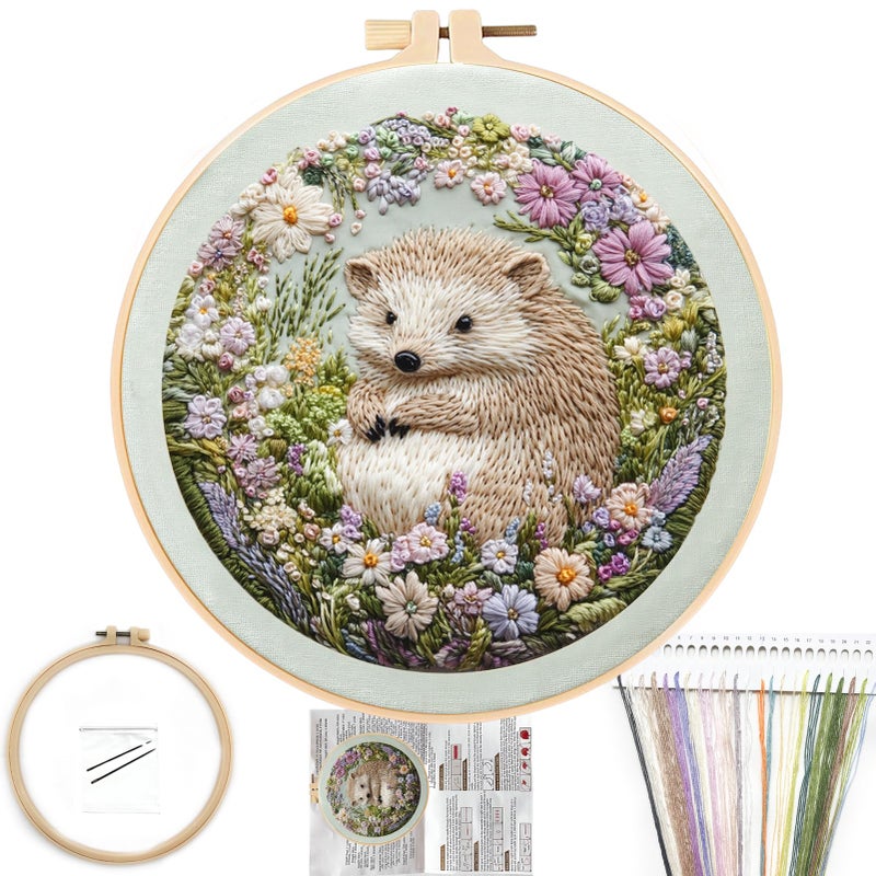 FONNUY Embroidery Kit for Beginners Cute Hedgehog Stamped Embroidery Patterns Kits for Adults with Hoop Easy to Follow Sewing Thread Needlework 8 Hoop Adorably Spiky - Image 3