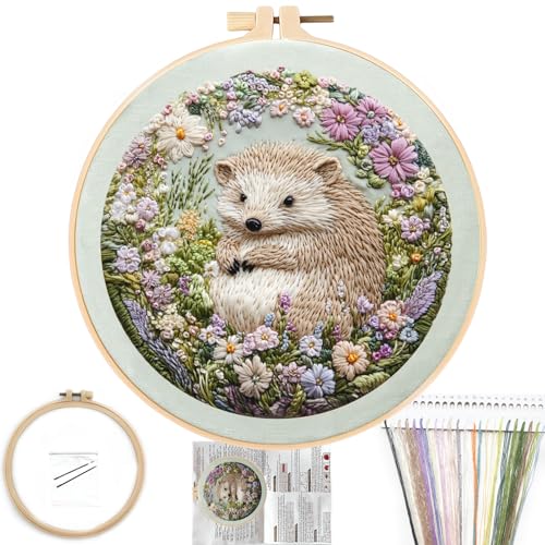 FONNUY Embroidery Kit for Beginners Cute Hedgehog Stamped Embroidery Patterns Kits for Adults with Hoop Easy to Follow Sewing Thread Needlework 8 Hoop Adorably Spiky - Image 1