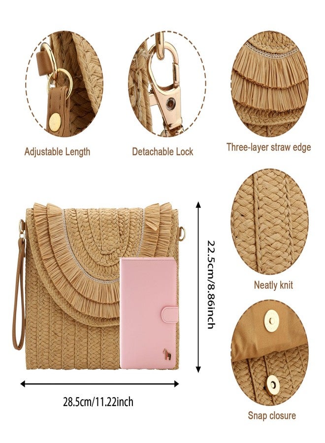 Gets Summer Handmade Crossbody Bag Straw Clutch Envelope Purse Wallet for Women (Raffia Fringed Khaki) - Image 2