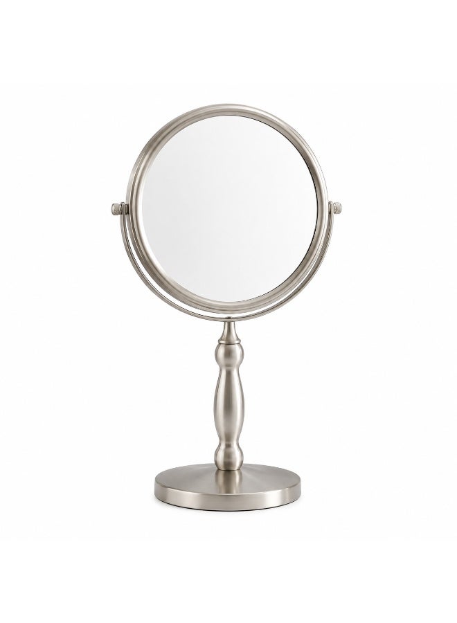 A luxurious double-sided round makeup mirror with a magnifying and a regular side – 360° rotation – (silver color) for desktop use. (Silver) - Image 1
