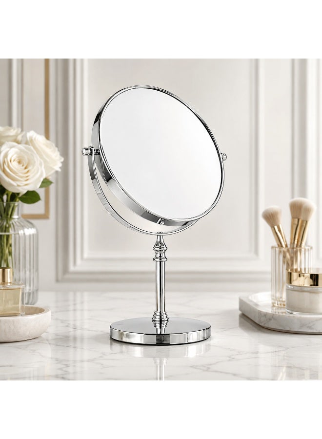 A luxurious double-sided round makeup mirror with a magnifying and a regular side – 360° rotation – (silver color) for desktop use. (Silver) - Image 2