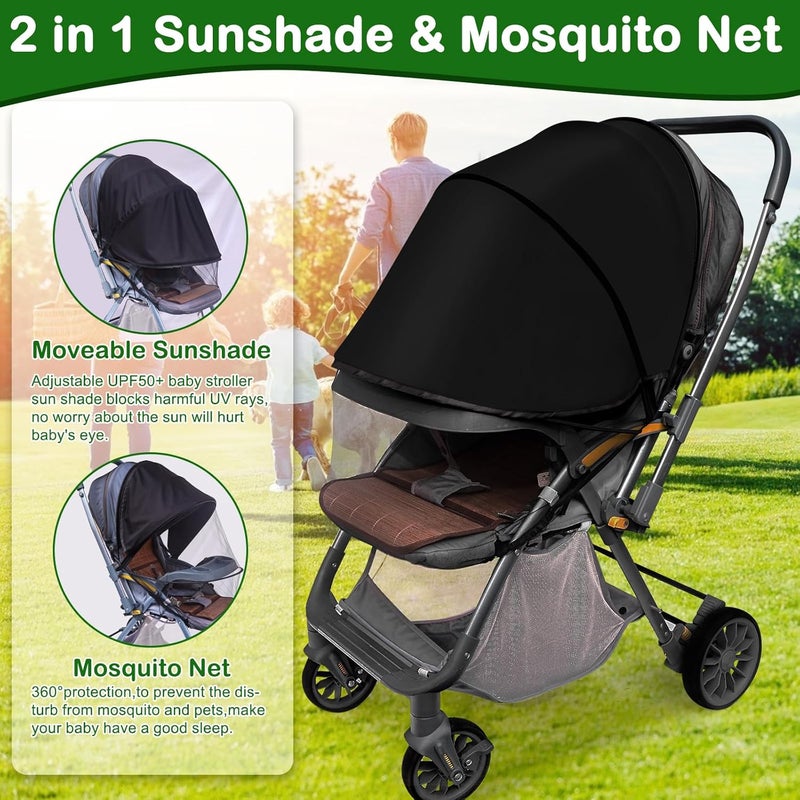 Wanateber Baby Mosquito Net for Stroller Sun Shade, 2-in-1 Stroller Cover for Sun Protection with Two-Way Zipper and Storage Bag, Breathable Strollers Bug Net Suitable for Bassinet, Cradle, Car Seat – Black - Image 2
