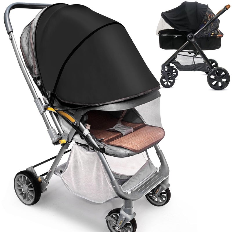 Wanateber Baby Mosquito Net for Stroller Sun Shade, 2-in-1 Stroller Cover for Sun Protection with Two-Way Zipper and Storage Bag, Breathable Strollers Bug Net Suitable for Bassinet, Cradle, Car Seat – Black - Image 1