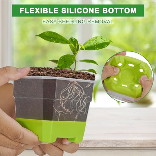 Aobiono 10 Packs 4 Inch Clear Nursery Pots with Reinforced Silicone Base for Easy Transplant, Reusable Seed Starter Seedling Small Plant Flower Pots with Drainage (Green, 10 Packs) - Image 2
