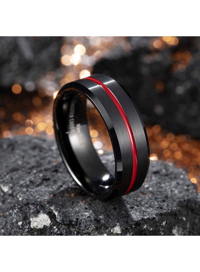 كينج ويل خاتم زفاف King Will Thin Red Groove Black من كربيد التنغستن المصقول مريح الملاءمة مقاس 10 - Image 2