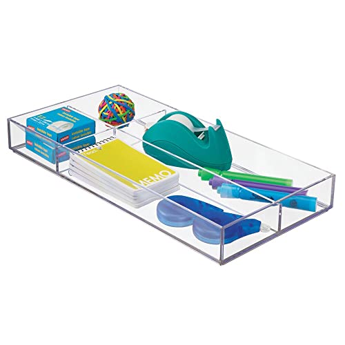 mDesign Plastic Stackable Office Divided Storage Drawer Organizer Tray for Cabinet Desk Shelf or Closet Organization Holds Note Pads Pens Tape Staples Scissors Lumiere Collection Clear