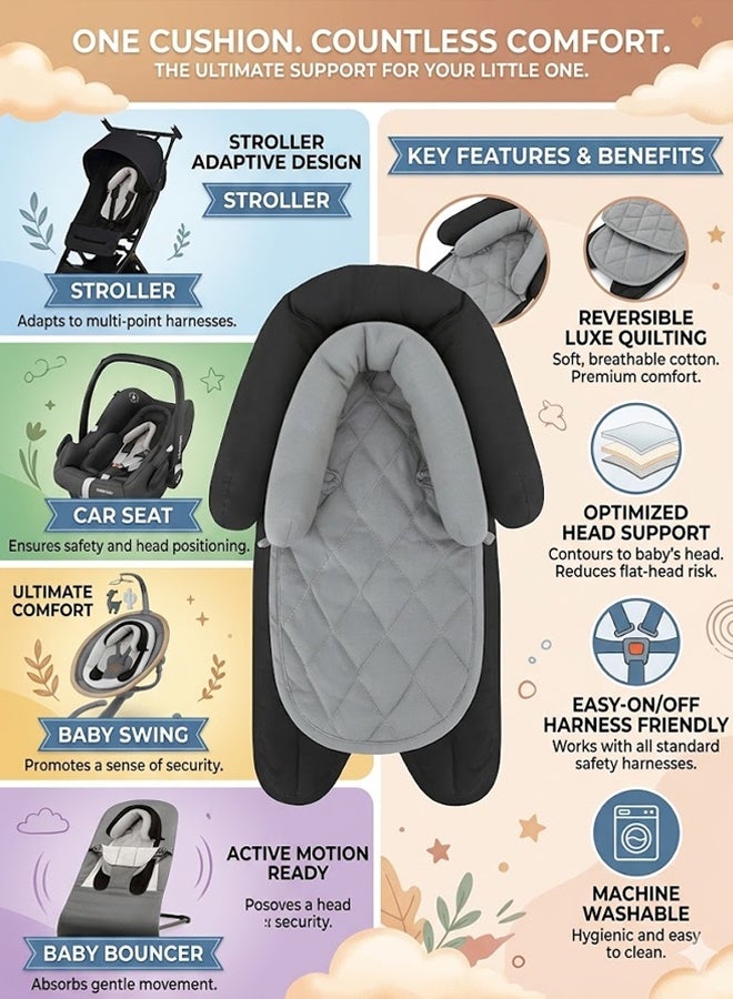 Berma Baby Baby Car Seat Head Support Pillow (0-3 Years) - 2-in-1 Adjustable Growth Cushion for Anti-Flat Head & Neck Support, Universal for Car Seats, Strollers, Cradles | Removable & Washable (Black/Gray) - Image 3