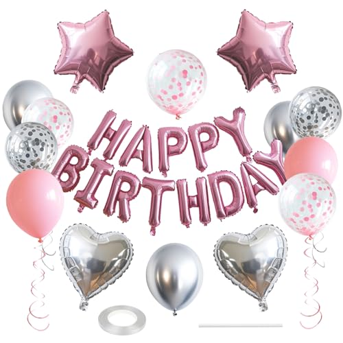 WEIKA 27 Pcs Pink Silver Birthday Decorations 3D Letters Pink Happy Birthday Balloon Banner Pentagram Heart Foil Balloons Confetti Balloons Kit For Boys Girls Party Supplies - Image 1