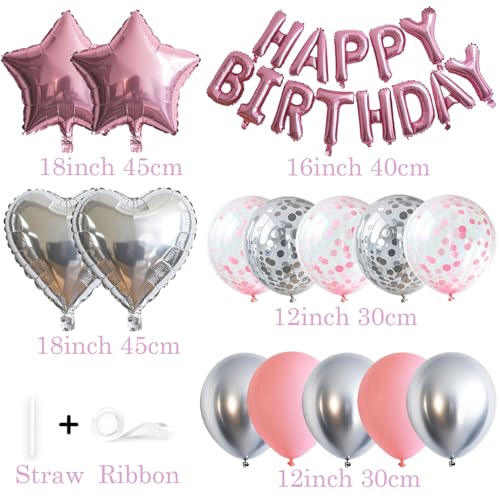 WEIKA 27 Pcs Pink Silver Birthday Decorations 3D Letters Pink Happy Birthday Balloon Banner Pentagram Heart Foil Balloons Confetti Balloons Kit For Boys Girls Party Supplies - Image 5