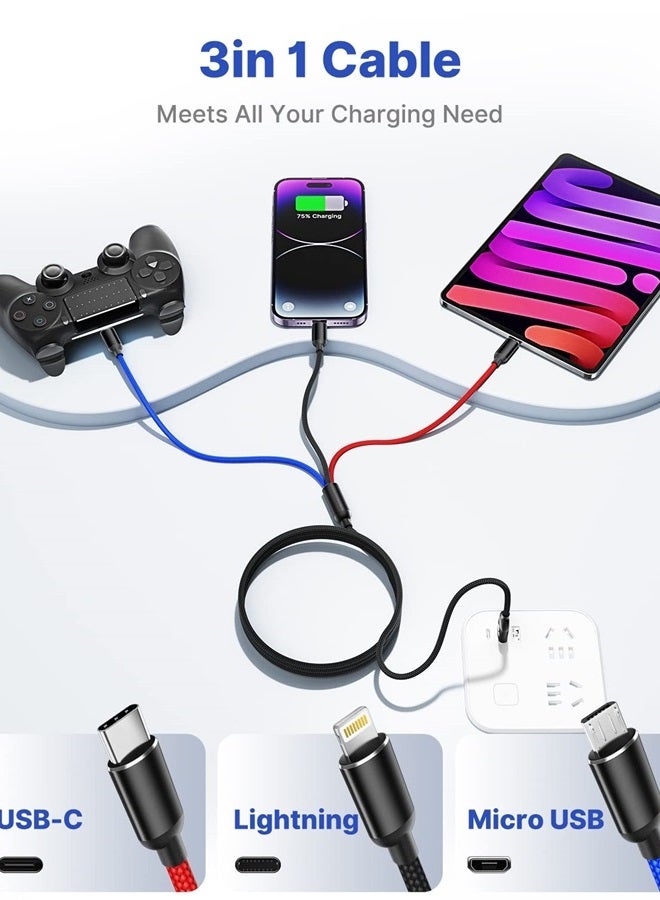 Aioneus كابل شحن متعدد، كابل شاحن متعدد مضفر من النايلون 3 في 1 كابل شحن متعدد USB كابل شحن سريع مع Type-C و Micro USB و IP، متوافق مع معظم الهواتف و iPads (عبوة 2) - Image 2