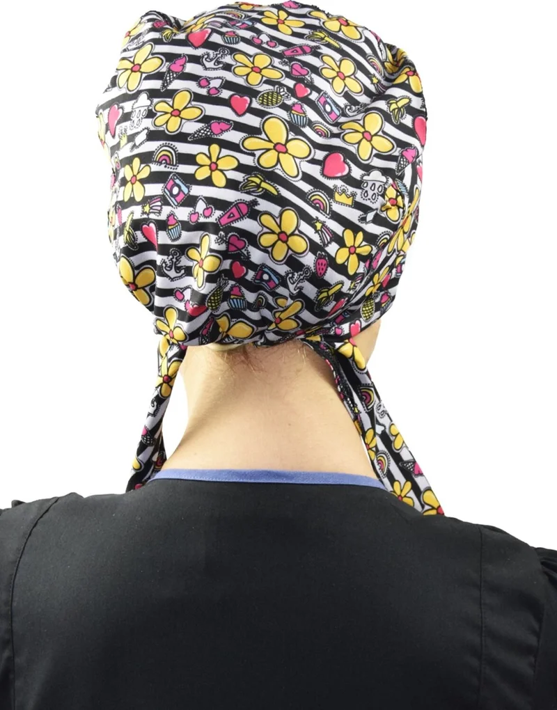 Nur Medikal Giyim Nur Medical Clothing Hijab Striped Daisy Patterned Doctor Nurse Hospital Cook Surgical Cap