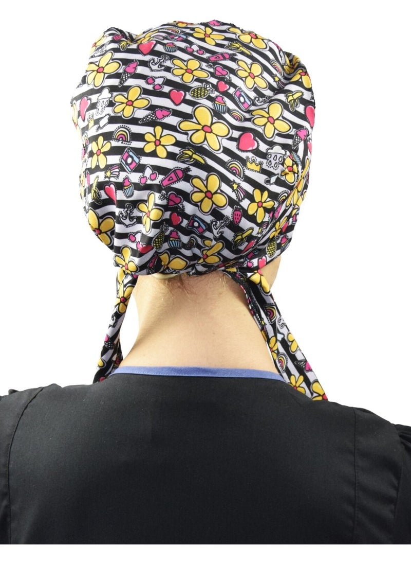 Nur Medikal Giyim Nur Medical Clothing Hijab Striped Daisy Patterned Doctor Nurse Hospital Cook Surgical Cap  - Image 3