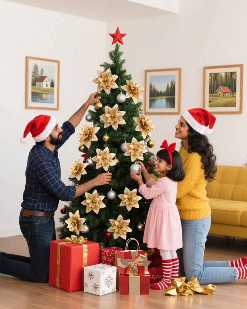 BAOTUJIA 12Pcs Gold Christmas Poinsettias Flowers Decoration Artificial Flowers for Xmas Tree Ornaments Suitable for Home Wreath Making Christmas Decorations Xmas Tree Decorations Items - Image 4