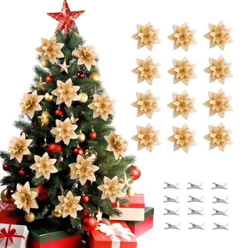 BAOTUJIA 12Pcs Gold Christmas Poinsettias Flowers Decoration Artificial Flowers for Xmas Tree Ornaments Suitable for Home Wreath Making Christmas Decorations Xmas Tree Decorations Items - Image 1