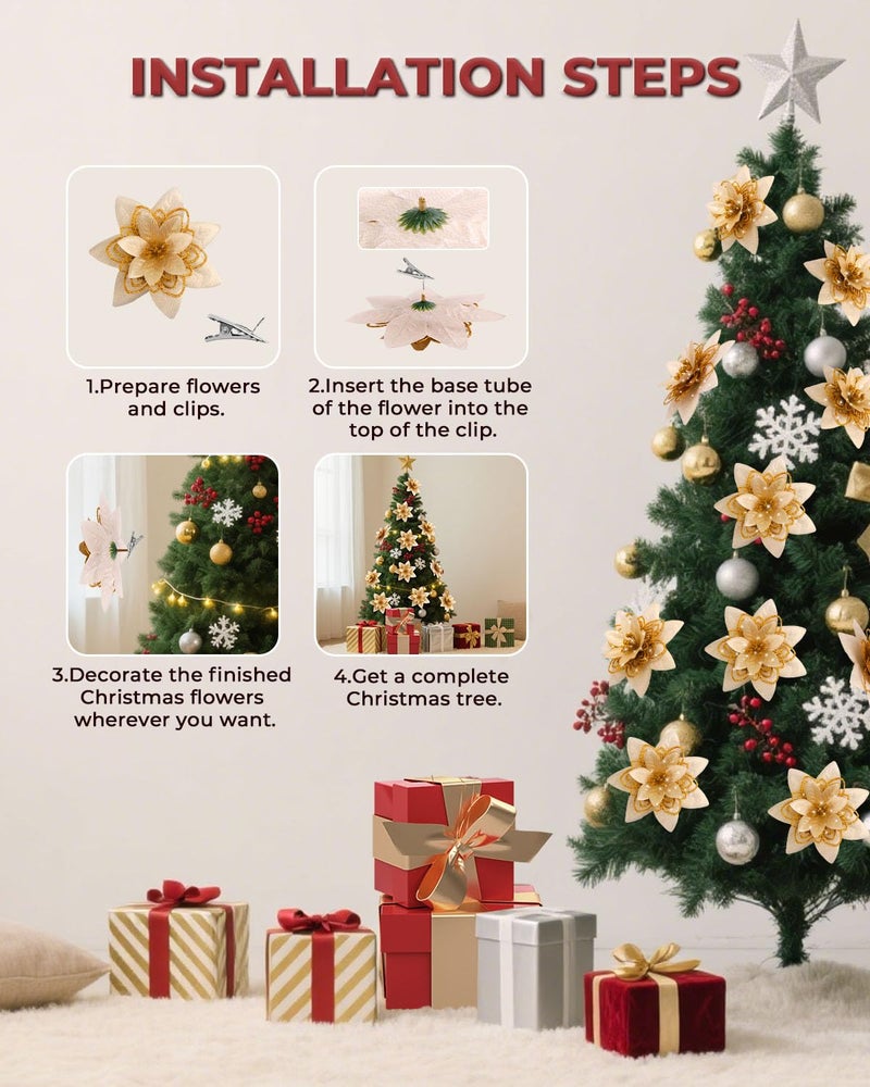 BAOTUJIA 12Pcs Gold Christmas Poinsettias Flowers Decoration Artificial Flowers for Xmas Tree Ornaments Suitable for Home Wreath Making Christmas Decorations Xmas Tree Decorations Items - Image 3