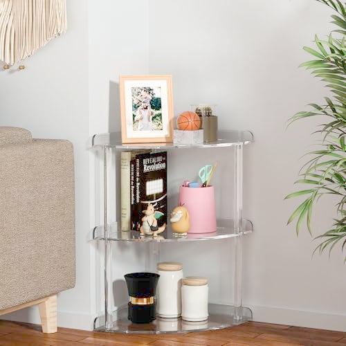 Sezanrpt 3 Tier Acrylic Corner Shelf Organizer Storage 9.5x9.5x15.7 Inch, Transparent Countertop Corner Shelf for Bathroom, Kitchen, Bedroom, Office, Study Room - Image 3