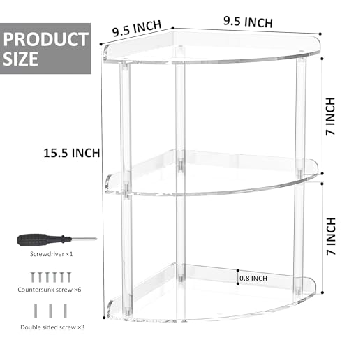 Sezanrpt 3 Tier Acrylic Corner Shelf Organizer Storage 9.5x9.5x15.7 Inch, Transparent Countertop Corner Shelf for Bathroom, Kitchen, Bedroom, Office, Study Room - Image 2
