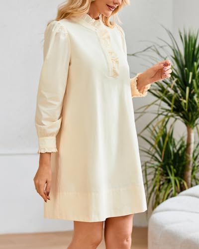 YEXPINE Women's Puff Long Sleeve Stand Ruffle Collar Mini Dress Casual A Line Shift Dress with Pockets Apricot - Image 4