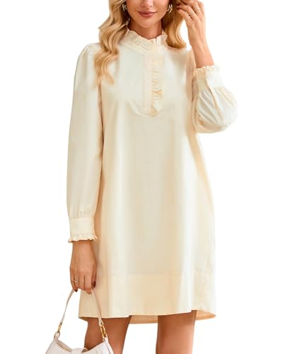 YEXPINE Women's Puff Long Sleeve Stand Ruffle Collar Mini Dress Casual A Line Shift Dress with Pockets Apricot - Image 1