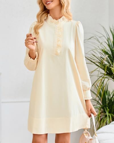 YEXPINE Women's Puff Long Sleeve Stand Ruffle Collar Mini Dress Casual A Line Shift Dress with Pockets Apricot - Image 2