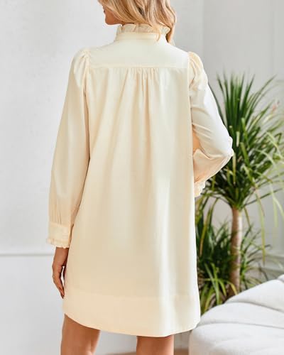 YEXPINE Women's Puff Long Sleeve Stand Ruffle Collar Mini Dress Casual A Line Shift Dress with Pockets Apricot - Image 5