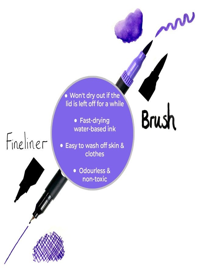 Zieler Fineliner Pens & Watercolour Brush Pens (Duo Tip, Set of 24) Ideal for Colouring, Drawing & Hand Lettering - 48 nibs - Vibrant Colours - Washable, Water-Based Ink - Image 4