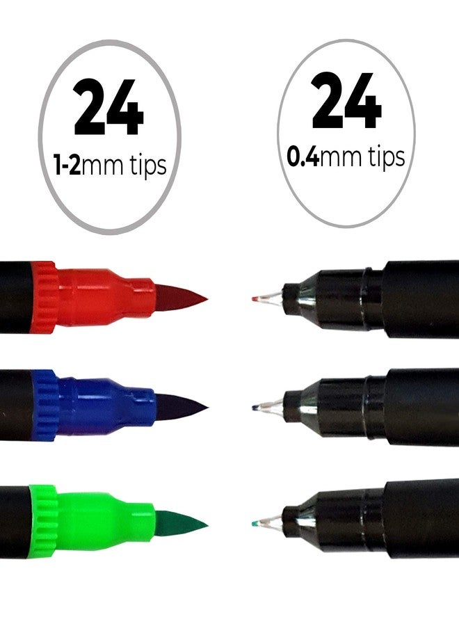 Zieler Fineliner Pens & Watercolour Brush Pens (Duo Tip, Set of 24) Ideal for Colouring, Drawing & Hand Lettering - 48 nibs - Vibrant Colours - Washable, Water-Based Ink - Image 2